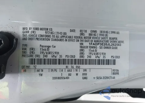 2018 Ford Focus S z USA, uszkodzony, nr VIN 1FADP3E20JL262583